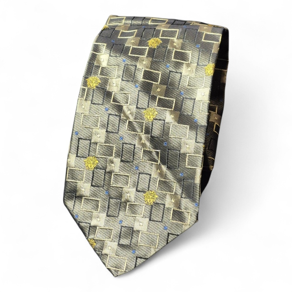 VTG Gianni Versace Mens Silk Tie Medusa Geometric‎ Gold Bronze Blue Italy